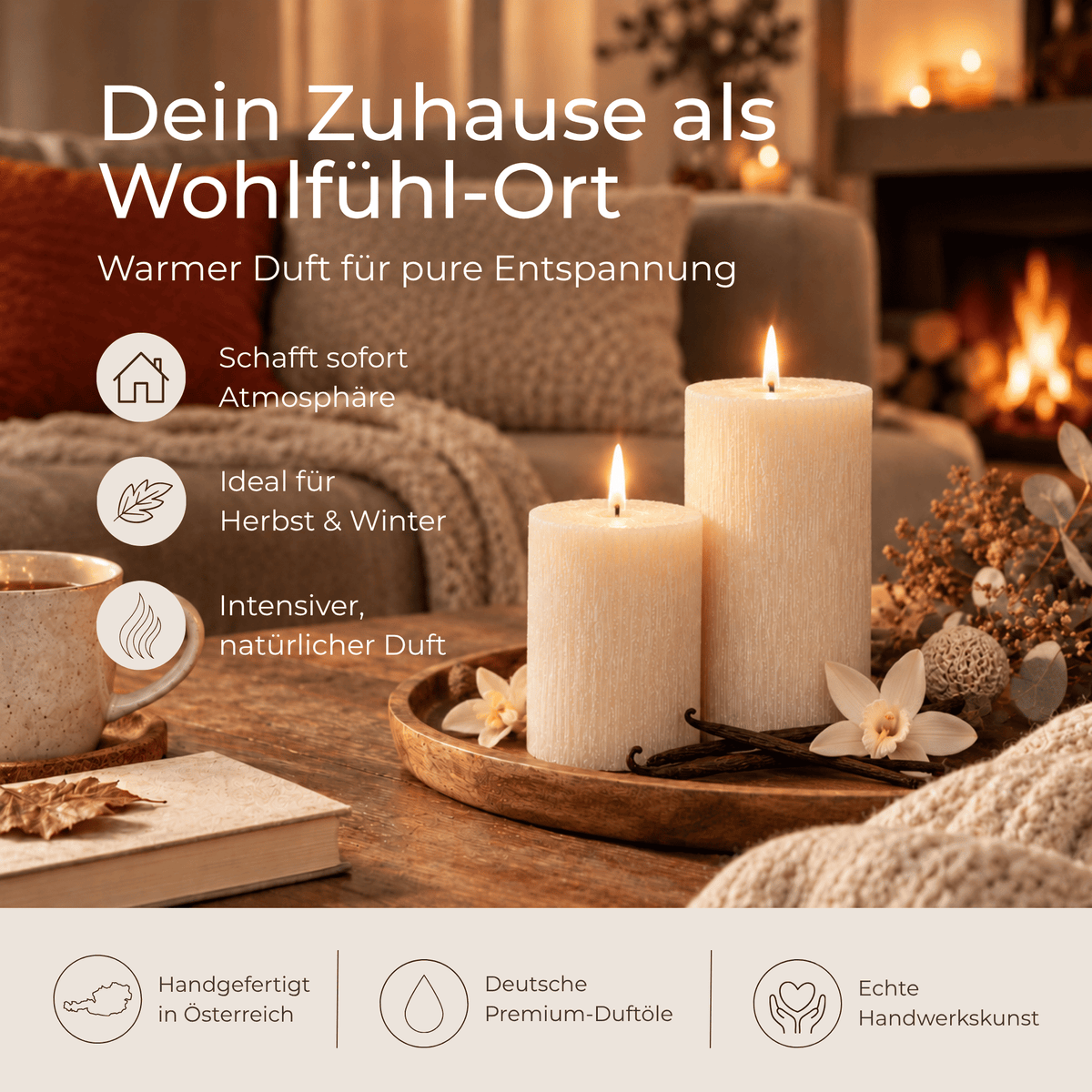 Premium Duftkerze rustik gebürstet Ø 70 x 150 mm mit Duft Vanille
