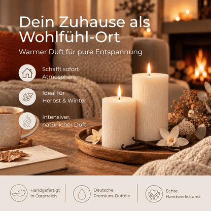 Premium Duftkerze rustik gebürstet Ø 70 x 150 mm mit Duft Vanille