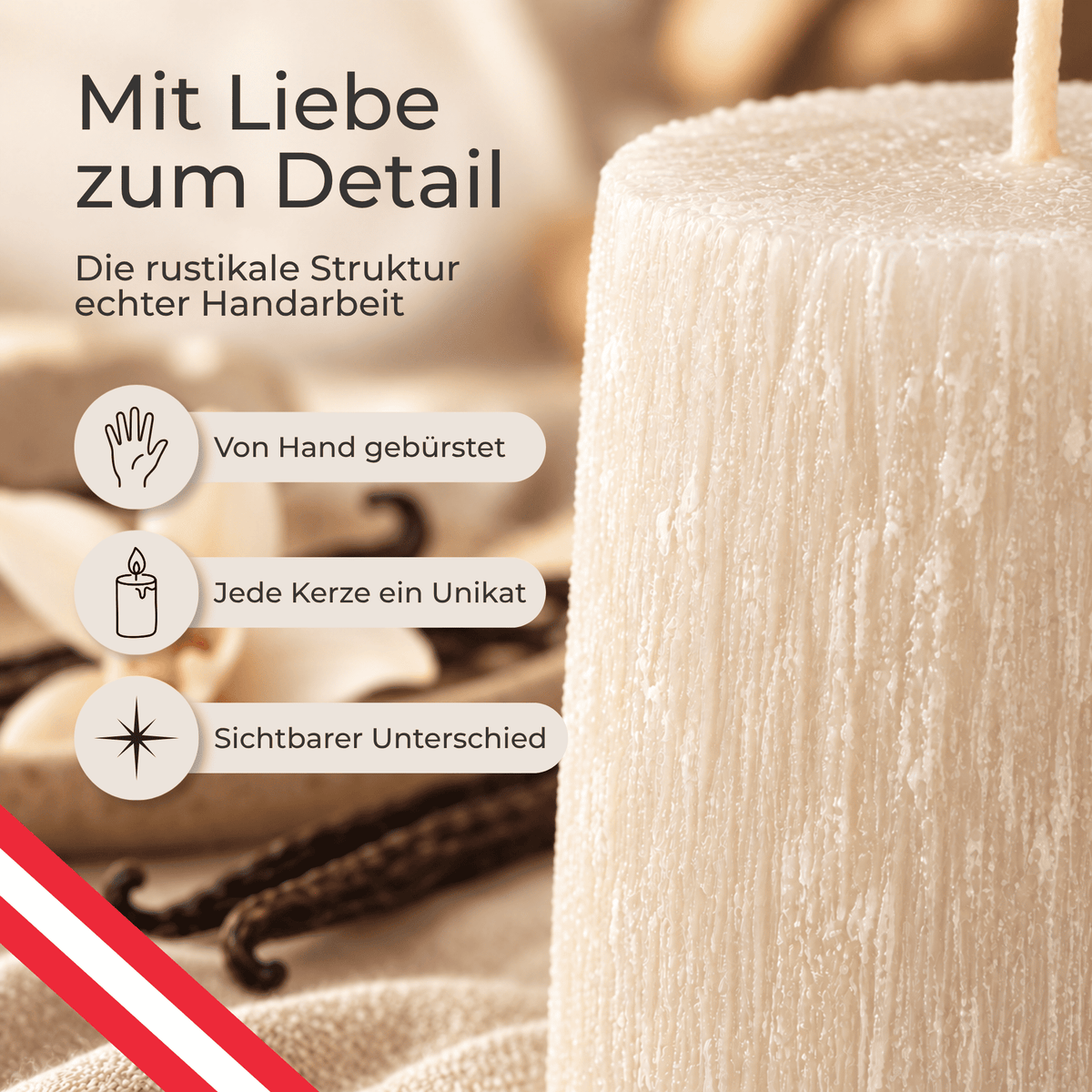 Premium Duftkerze rustik gebürstet Ø 70 x 150 mm mit Duft Vanille
