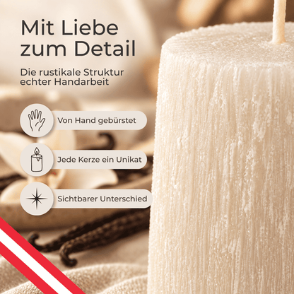 Premium Duftkerze rustik gebürstet Ø 70 x 150 mm mit Duft Vanille