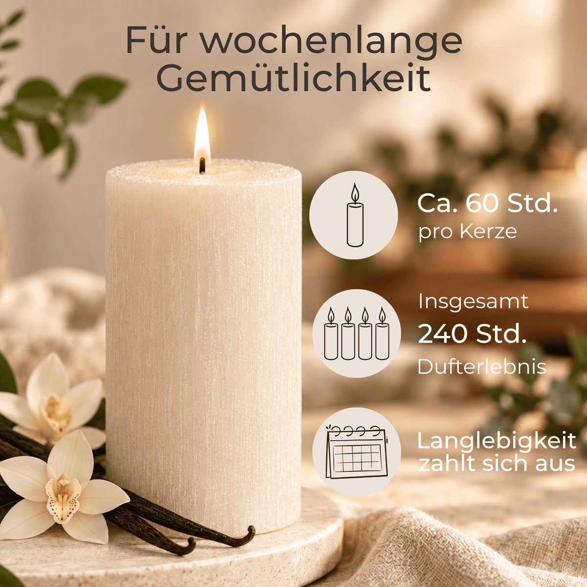 Premium Duftkerze rustik gebürstet Ø 70 x 150 mm mit Duft Vanille