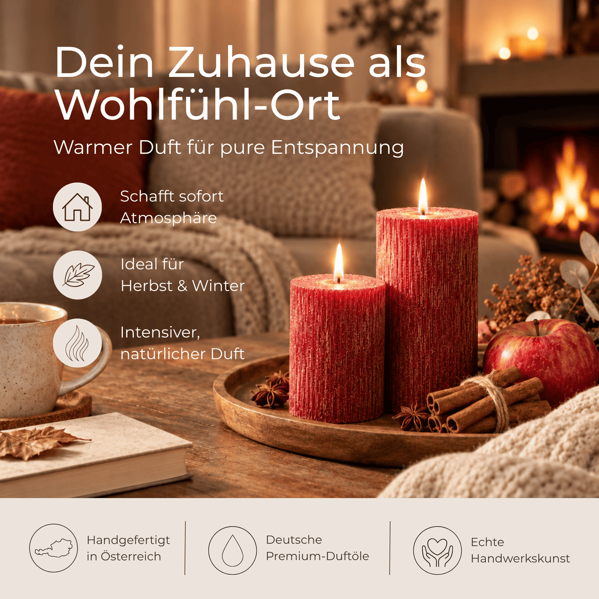Premium Duftkerze rustik gebürstet Ø 70 x 150 mm mit Duft Apfel Zimt