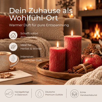 Premium Duftkerze rustik gebürstet Ø 70 x 150 mm mit Duft Apfel Zimt