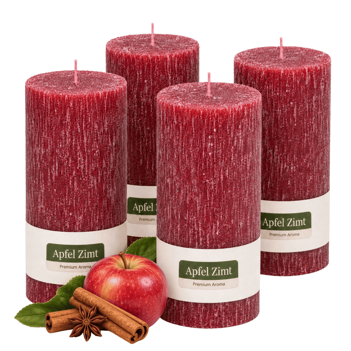 Premium Duftkerze rustik gebürstet Ø 70 x 150 mm mit Duft Apfel Zimt