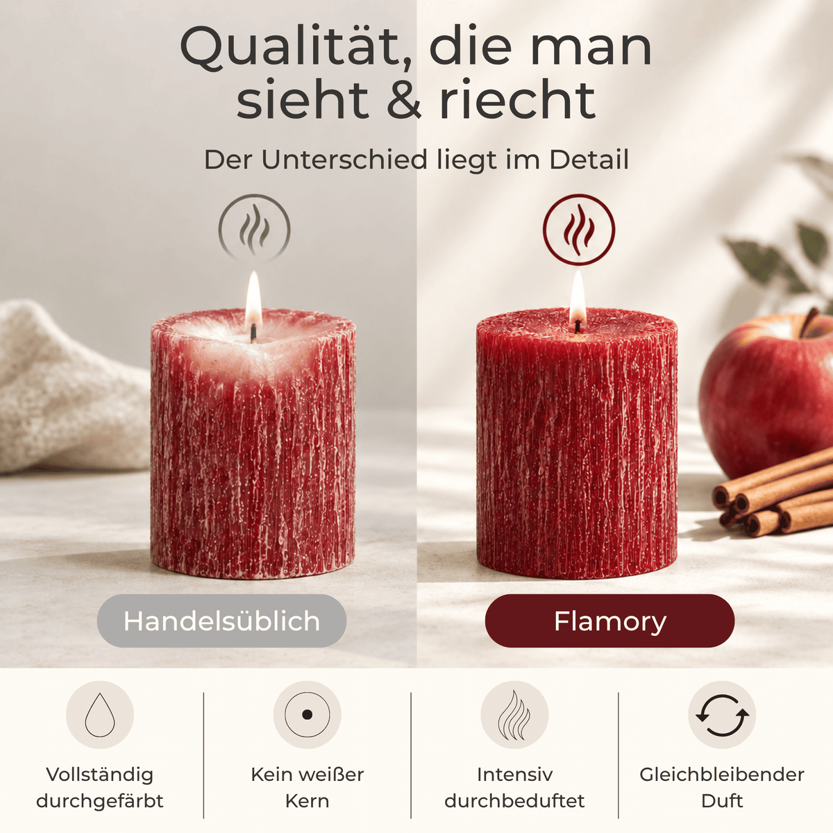 Premium Duftkerze rustik gebürstet Ø 70 x 90 mm mit Duft Vanille