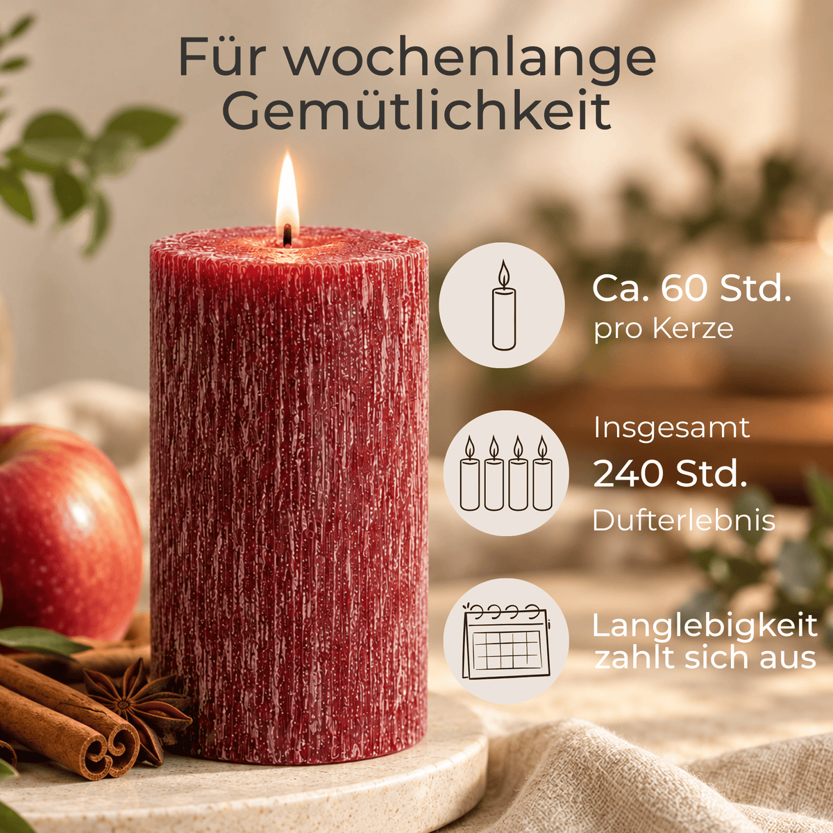 Premium Duftkerze rustik gebürstet Ø 70 x 150 mm mit Duft Apfel Zimt
