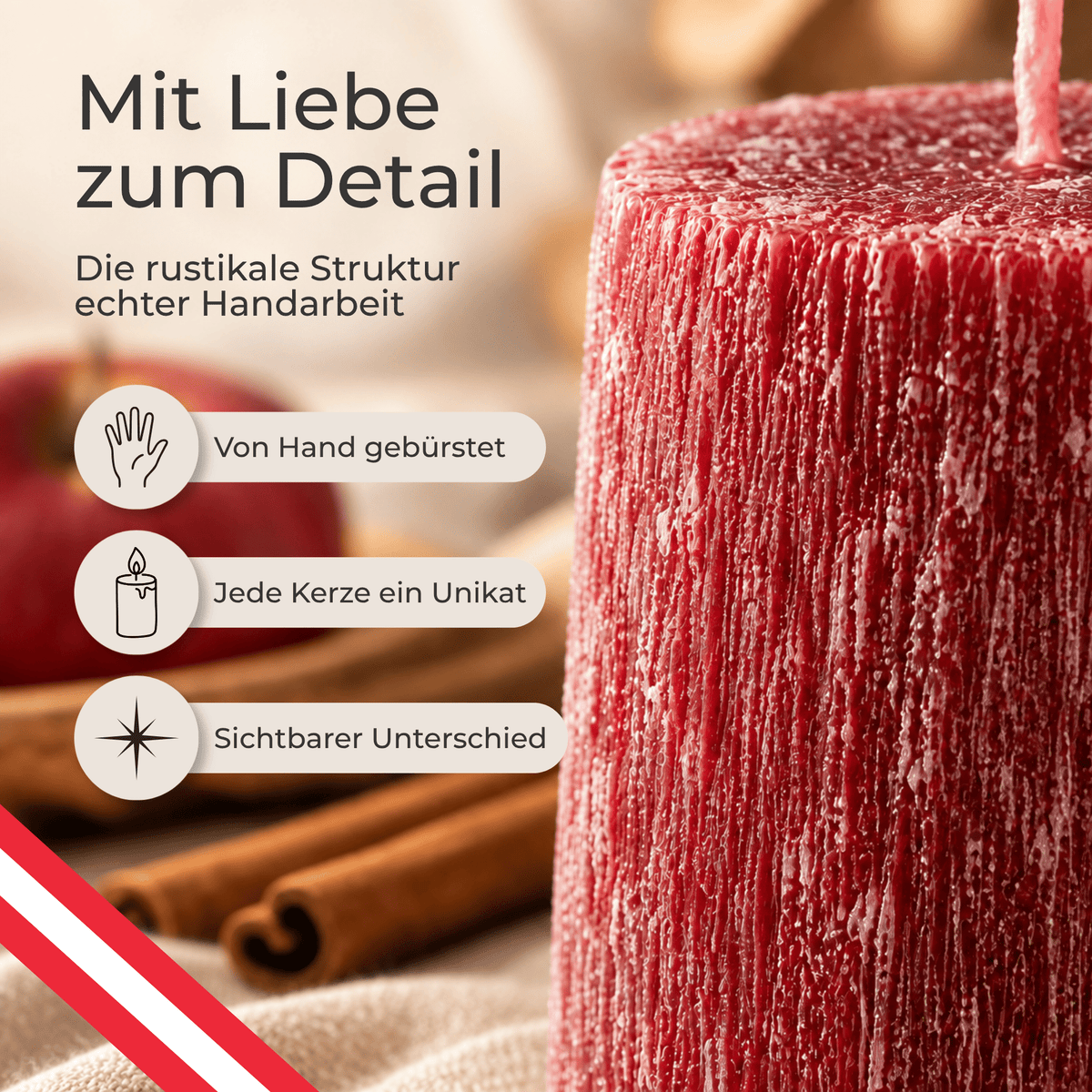 Premium Duftkerze rustik gebürstet Ø 70 x 150 mm mit Duft Apfel Zimt