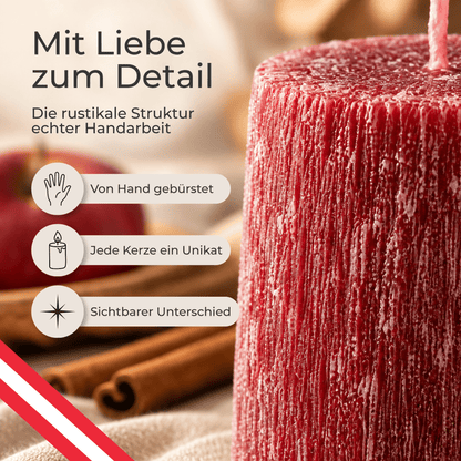 Premium Duftkerze rustik gebürstet Ø 70 x 150 mm mit Duft Apfel Zimt