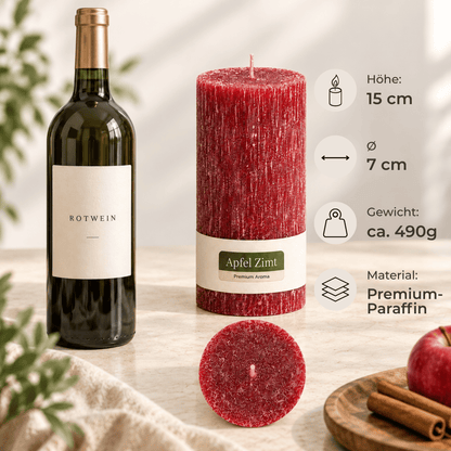 Premium Duftkerze rustik gebürstet Ø 70 x 150 mm mit Duft Apfel Zimt