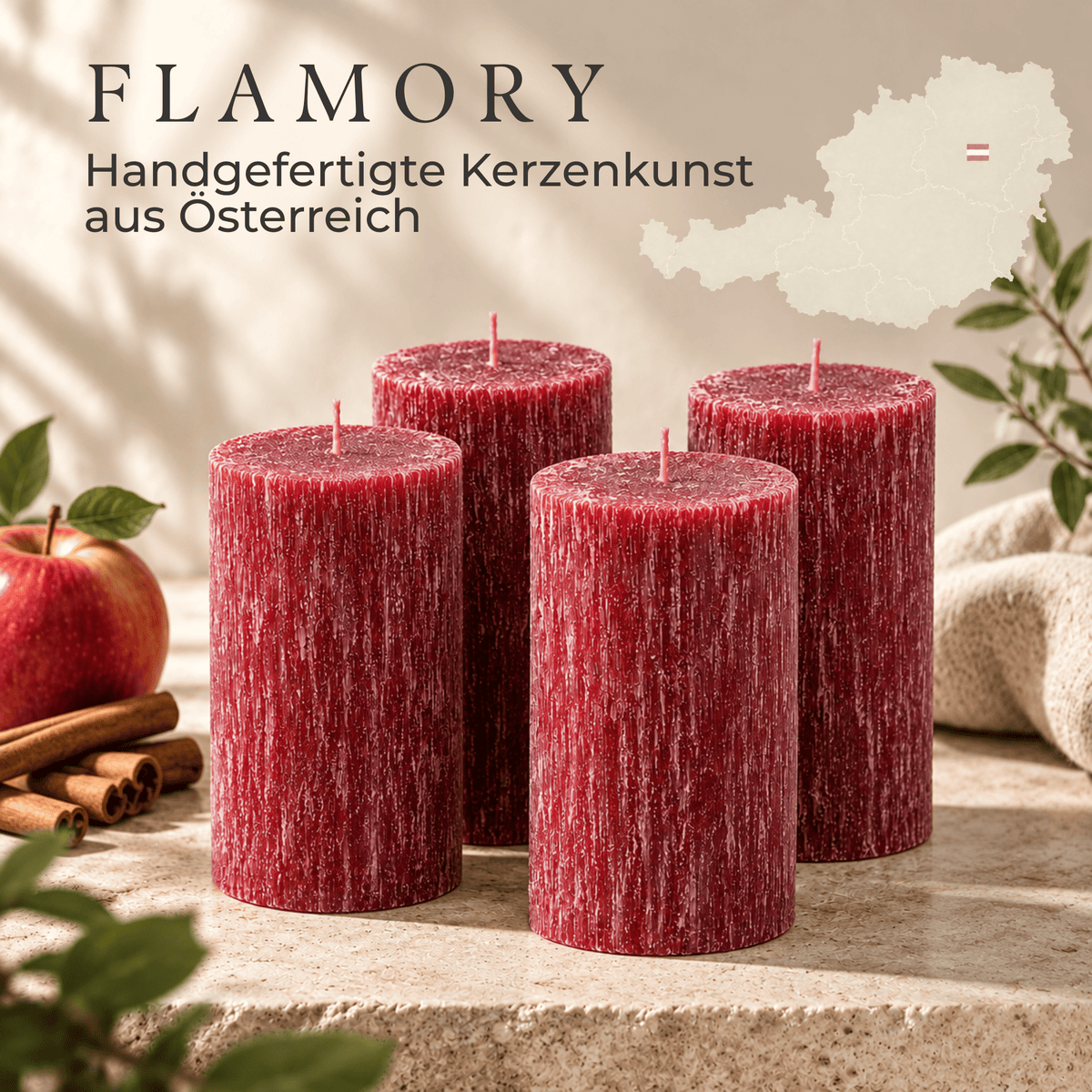 Premium Duftkerze rustik gebürstet Ø 70 x 150 mm mit Duft Apfel Zimt