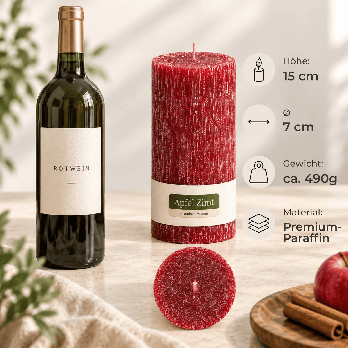 Premium Duftkerze rustik gebürstet Ø 70 x 150 mm mit Duft Vanille