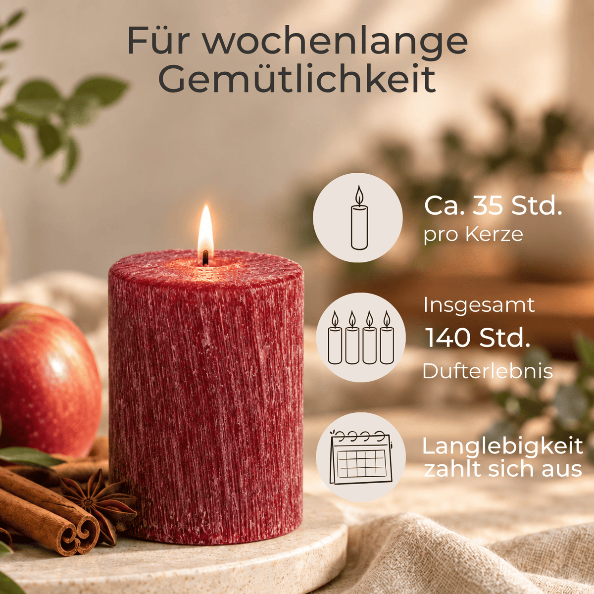 Premium Duftkerze rustik gebürstet Ø 70 x 90 mm mit Duft Apfel Zimt