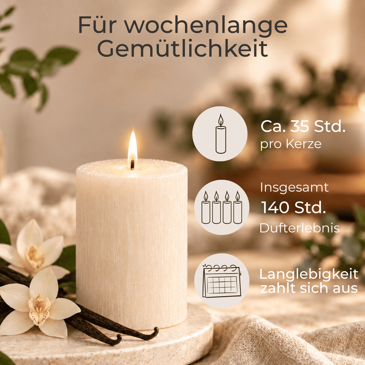 Premium Duftkerze rustik gebürstet Ø 70 x 90 mm mit Duft Vanille