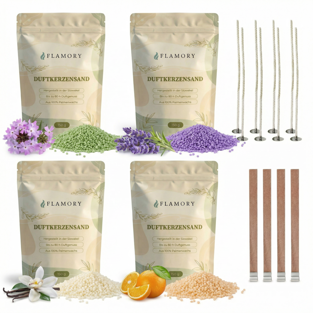 4x150g (Vanille, Orange, Lavendel, Verbena) inkl. 12 Dochte