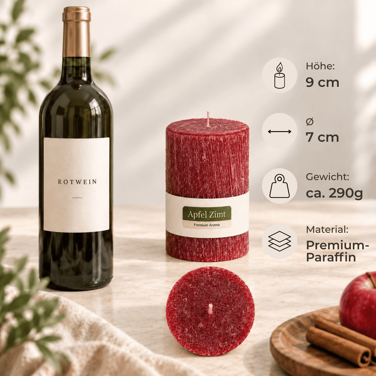 Premium Duftkerze rustik gebürstet Ø 70 x 90 mm mit Duft Vanille